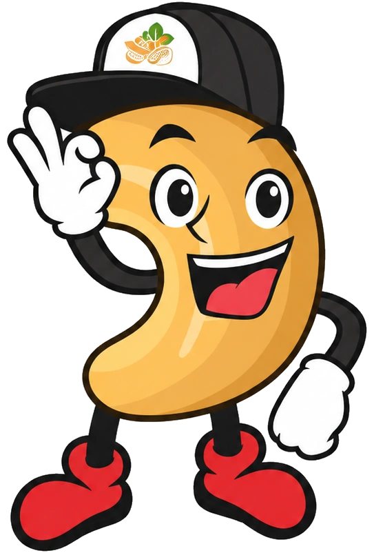 Mascote Piá Nuts fazendo sinal de positivo
